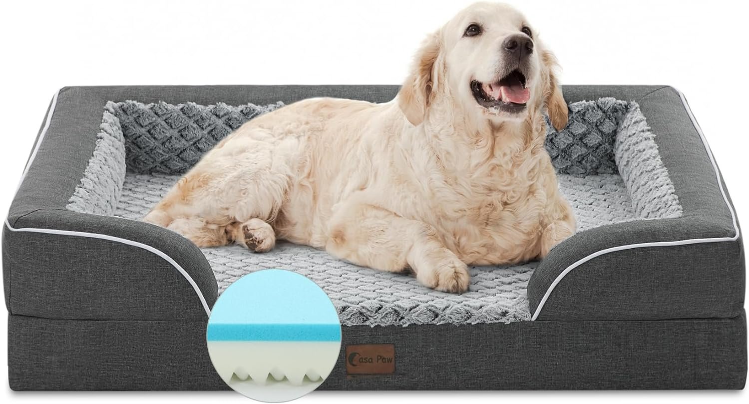 Memory Foam Large Dog Bed with Bolsters, Cooling Dog Beds for Extra Large Dogs, Waterproof Orthopedic Dog Bed with Removable Washable Cover and Nonskid Bottom(Large,Light Grey)