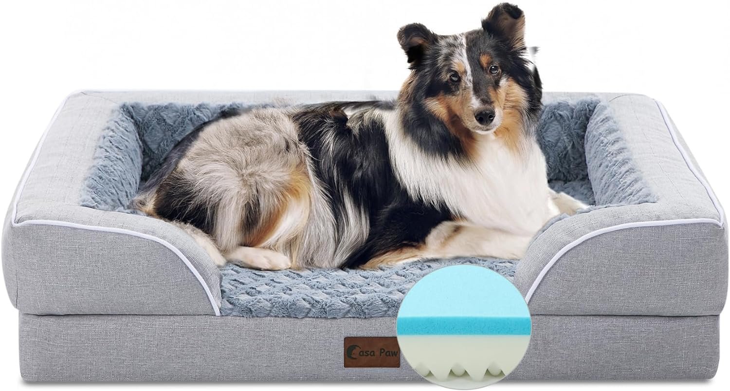 Memory Foam Large Dog Bed with Bolsters, Cooling Dog Beds for Extra Large Dogs, Waterproof Orthopedic Dog Bed with Removable Washable Cover and Nonskid Bottom(Large,Light Grey)