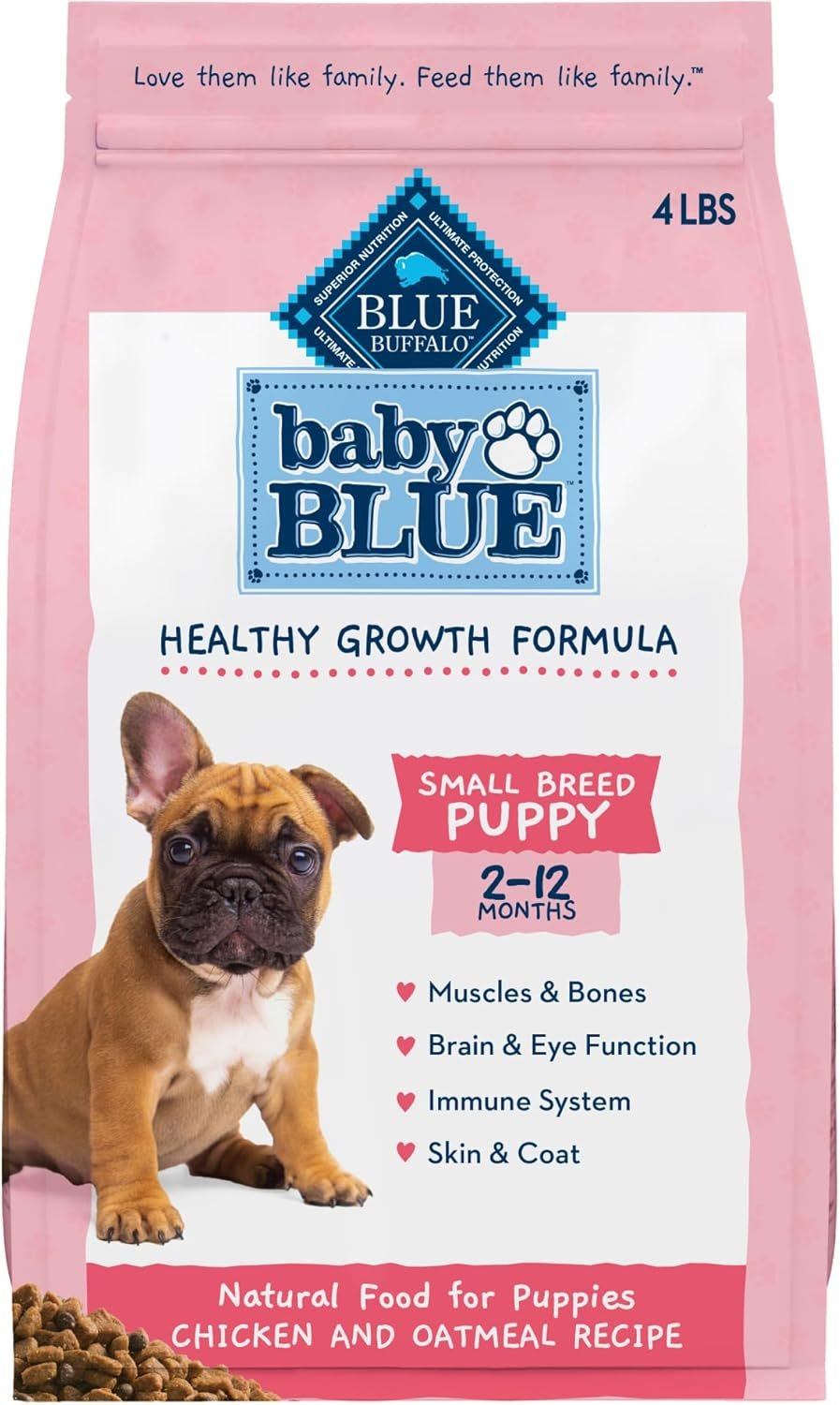 Blue Buffalo Baby BLUE Natural Small Breed Puppy Dry Dog Food, Healthy Growth Formula with DHA, Chicken and Oatmeal Recipe, 4-lb. Bag