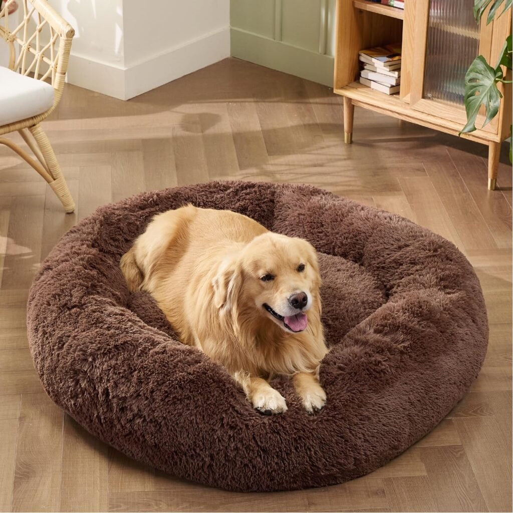 Bedsure Calming Dog Bed for Medium Dogs - Donut Washable Medium Pet Bed, 30 inches Anti-Slip Round Fluffy Plush Faux Fur Cat Bed, Fits up to 45 lbs Pets, Camel