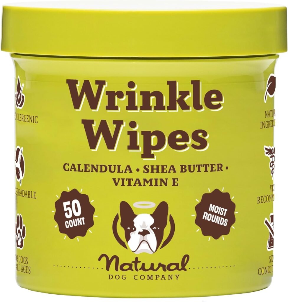 Natural Dog Company Wrinkle Wipes for Dogs, 50 Count, Hypoallergenic Dog Wipes, Wrinkle Wipes French Bulldog, Cleaning  Deodorizing, Dog Wipes for Grooming Faces, Paws  Butts