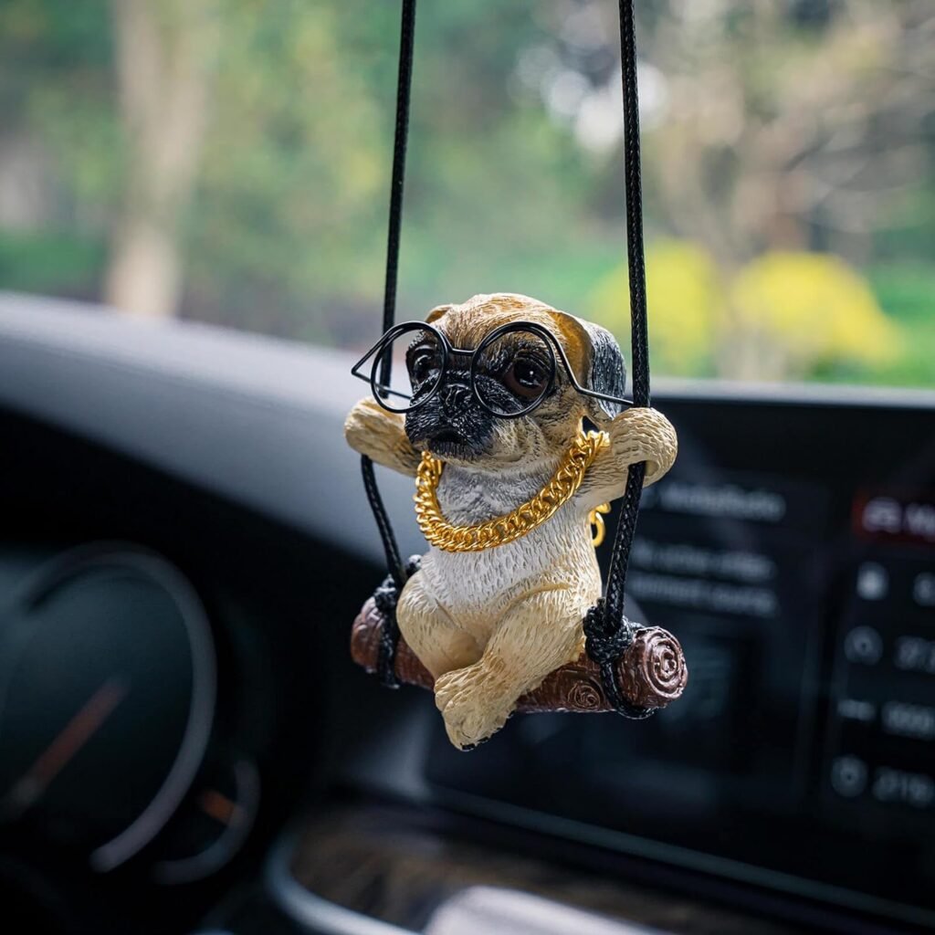 Pug Car Mirror Hanging Accessories Cute Swinging Dog Rear View Mirror Accessories for Men  Women (Golden Glasses)