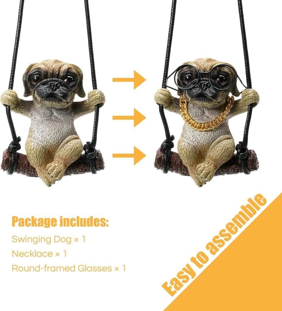 Pug Car Mirror Hanging Accessories Cute Swinging Dog Rear View Mirror Accessories for Men  Women (Golden Glasses)