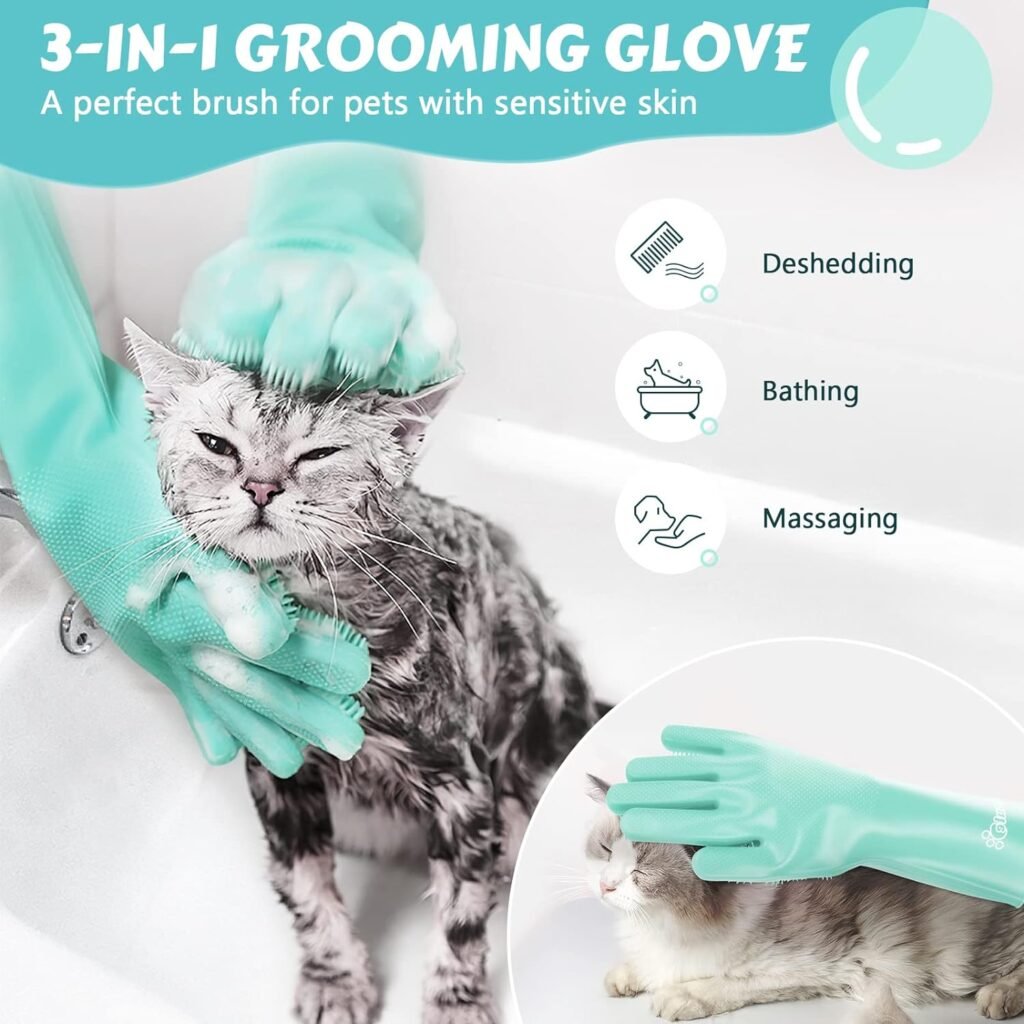 Pecute Pet Grooming Gloves, Heat Resistant Cat Bathing Gloves with High-Density Teeth, Silicone Dog Bathing Gloves with Enhanced Five Finger Design, Bathing and Massaging for Dogs and Cats Blue