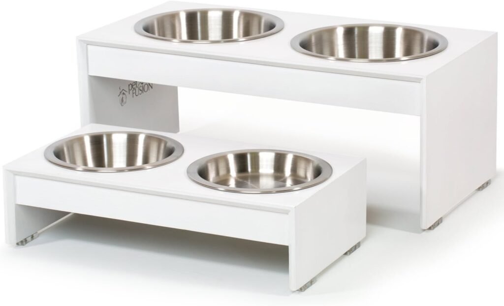 PetFusion Bamboo Elevated Dog Bowls, Cat Bowls | Raised Feeders w/Water Resistant Seal (Short 4, Tall 8”) | US Food Grade Stainless Steel Dog  Cat Bowls. 12 Month Warr., White