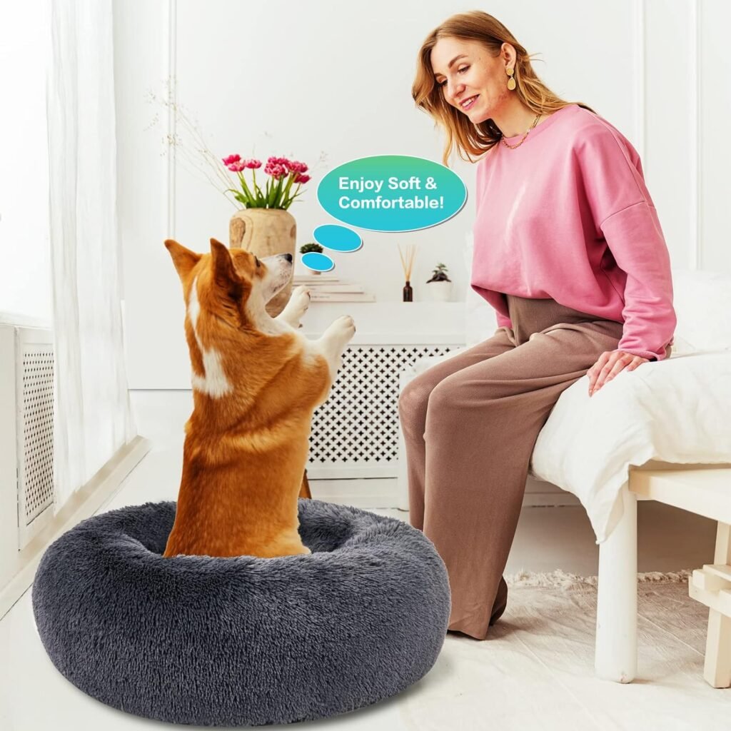 SAVFOX Faux Fur Calming Dog Bed, Small | 23x23, Non Skid, Washable, Donut